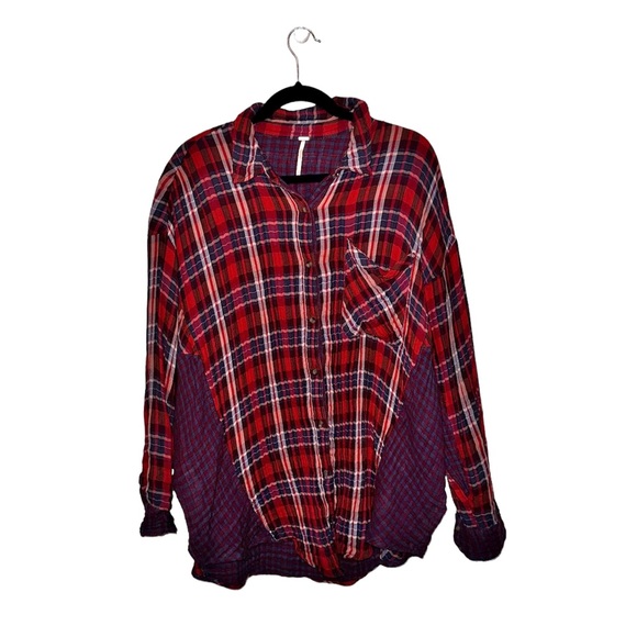 Free People Red, White, and Purple Plaid Button Down Shirt - Picture 1 of 10